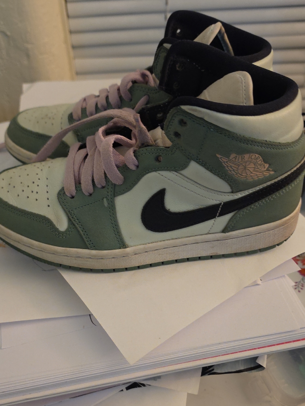 Nike Air Jordan 1 Mid Green, Black, Pink Laces